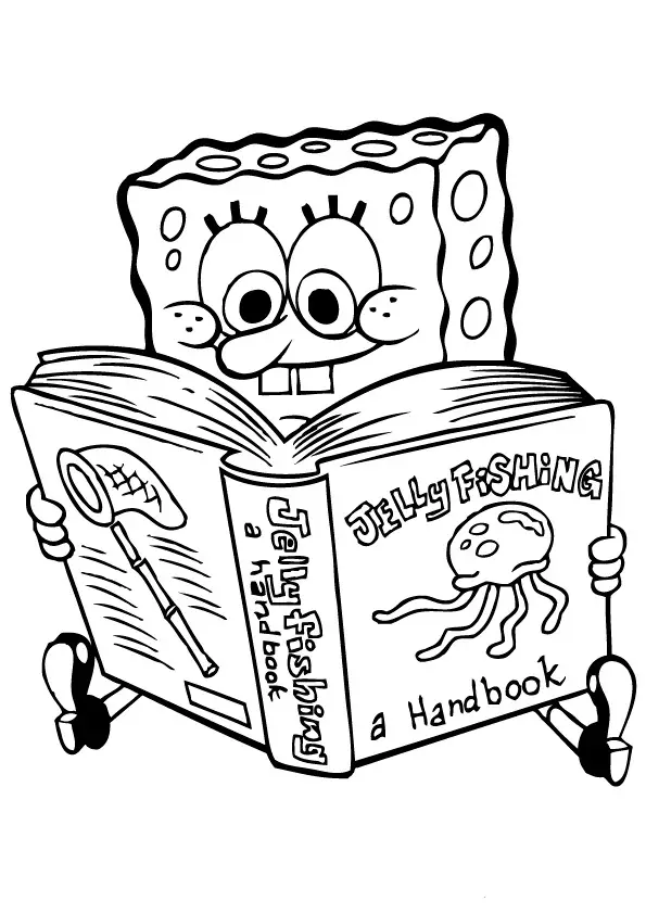 Kolorowanka dla dzieci SpongeBob siedzi i czyta książkę o meduzach