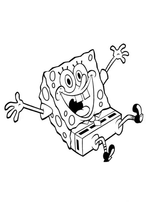 Kolorowanka dla dzieci SpongeBob skacze radośnie śmiejąc się