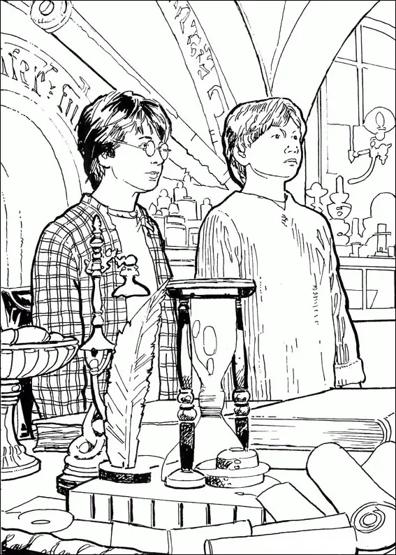 Kolorowanka Harry Potter i Ron stoją w sali zajęć