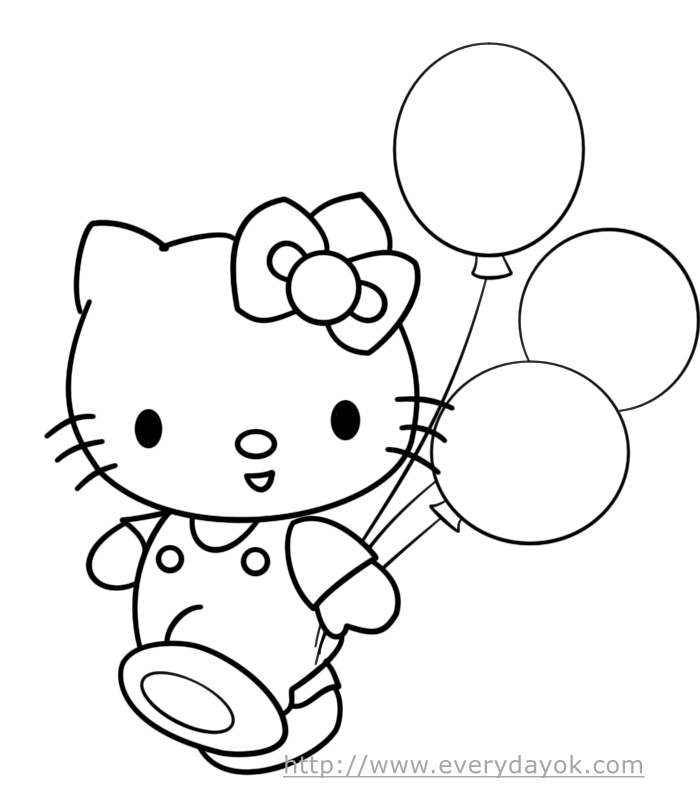 Kolorowanka dla dzieci Hello Kitty idzie trzymając balony w ręce