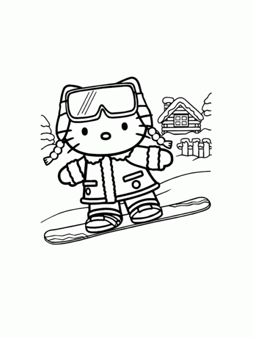 Kolorowanka dla dzieci Hello Kitty jedzie na snowboardzie z góry