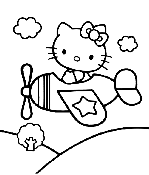 Kolorowanka dla dzieciHello kitty leci samolotem nad górami
