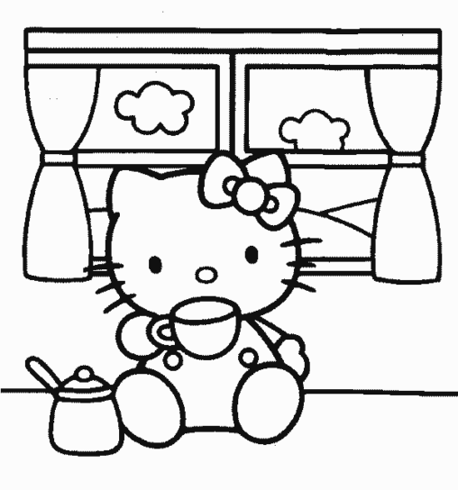 Kolorowanka dla dzieci Hello Kitty siedząca pod oknem pijąc herbatę