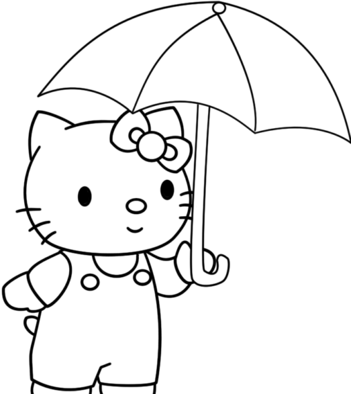 Kolorowanka dla dzieci Hello Kitty stoi pod parasolem