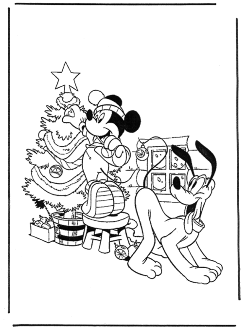 Kolorowanka Myszka Miki i pies Pluto przy choince