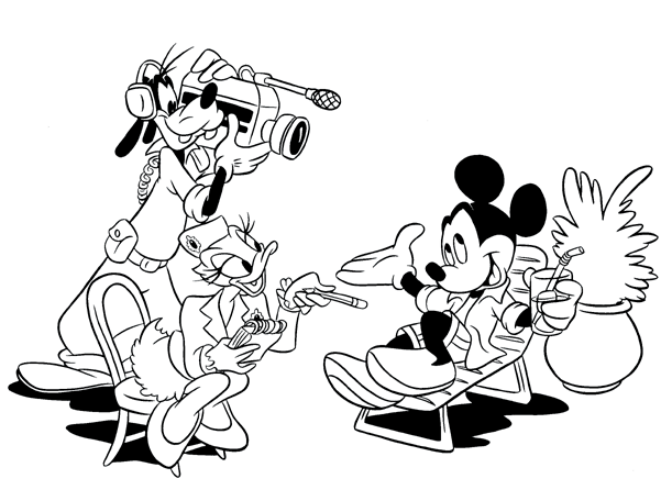 Kolorowanka Myszka Miki kręci wywiad z Daisy i Goofy