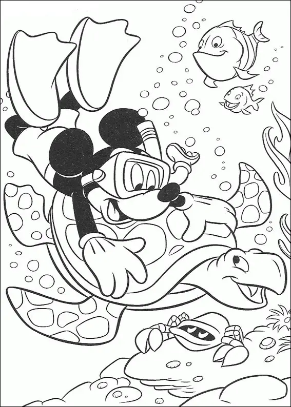 Kolorowanka Myszka Miki nurkuje z żółwiem i rybami