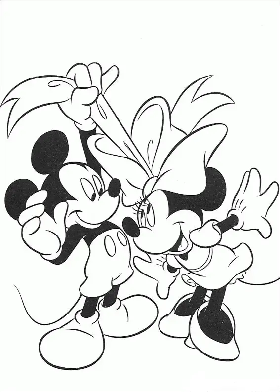 Kolorowanka Myszka Miki rozwiązuje kokardkę Myszce Minnie