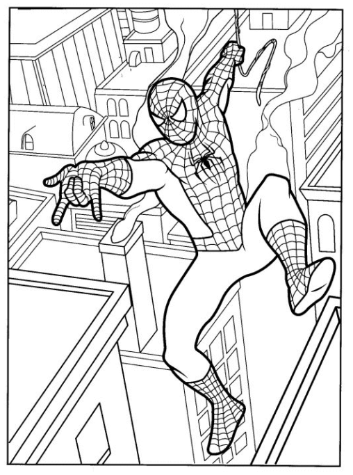 Kolorowanka dla dzieci Spider-man leci nad miastem na pajęczynie