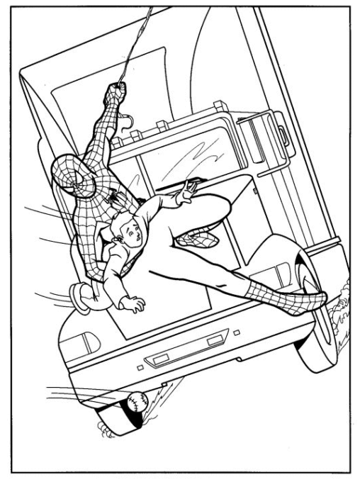 Kolorowanka dla dzieci Spider-man ratuje chłopca przed ciężarówka