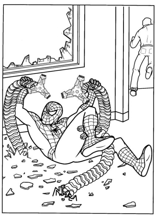 Kolorowanka dla dzieci Spider-man walczy w budynku z doktorem Octopusem