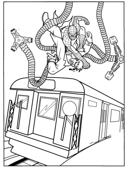 Kolorowanka dla dzieci Spider-man walczy z Doktorem Octopusem nad pociągiem