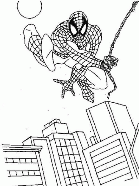 Kolorowanka dla dzieci spiderman lecący nad miastem na pajęczynie