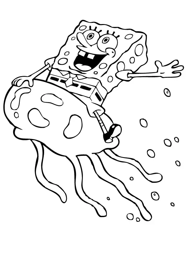 Kolorowanka dla dzieci SpongeBob płynie uśmiechnięty na meduzie