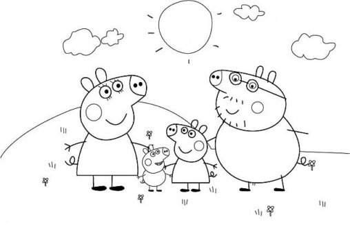Kolorowanka Świnka Peppa stoi razem z rodziną na górce