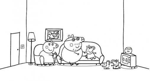 Kolorowanka Świnka Peppa z rodziną ogląda telewizję