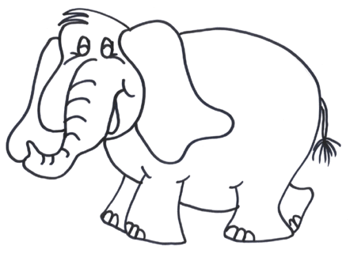 Kolorowanka słoń stoi bokiem i się uśmiecha podnosząc jedna nogę