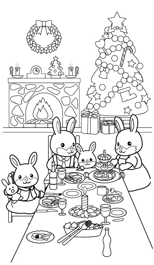 Kolorowanka Boże narodzenie małe króliczki siedzą przy zastawionym stole wigilijnym w pokoju z płonącym kominkiem i ozdobioną pięknie choinką