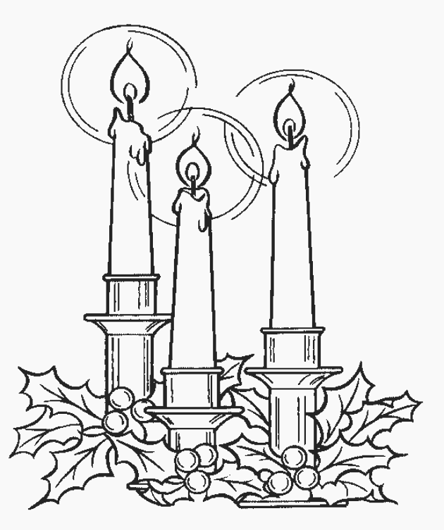 Kolorowanka Boże narodzenie trzy świeczki obok siebie rozpalone nad ozdobami świątecznymi