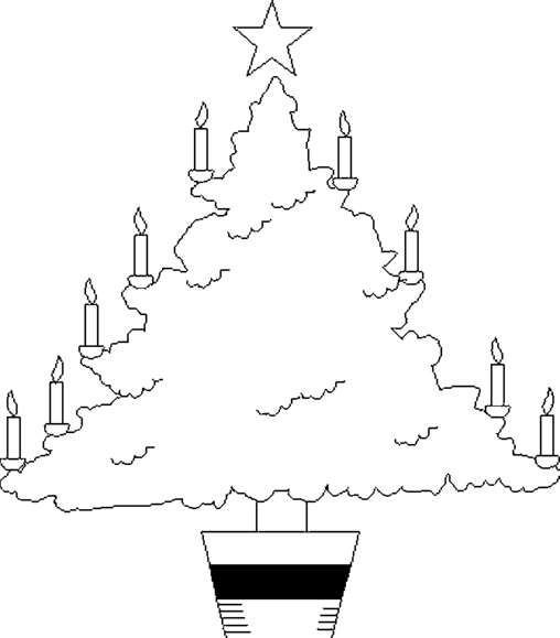 Kolorowanka choinka ozdobiona tylko gwiazdką i świeczkami na bokach - stojąca w stojaku - do ozdobienia bombkami przez dziecko - prosta do uzupełnienia