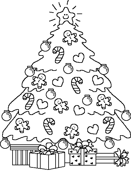 Kolorowanka choinka pięknie ozdobiona bombkami, laseczkami cukierkowymi, piernikami i świecącą gwiazdką - pod choinką leżą świąteczne prezenty