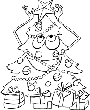 Kolorowanka choinka poprawia rękoma gwiazdkę na głowie unosząc oczy - pod ozdobioną świąteczną choinką stoją ułożone prezenty