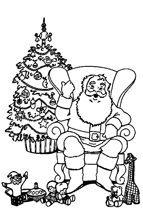 Kolorowanka choinka świąteczna pięknie ozdobiona bombkami i gwiazdką stoi za Świętym Mikołajem siedzącym na fotelu i bawiącym się zabawkami, które są przed nim poustawiane