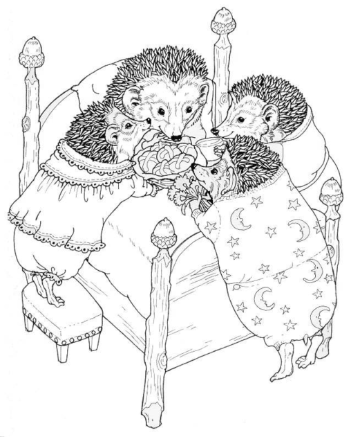 Kolorowanka trzy jeże przynoszą babci jeż świeże bułki do łóżka