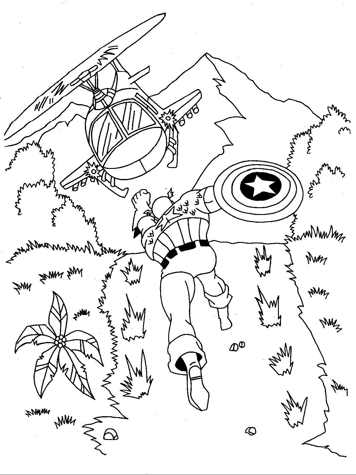 Kolorowanka Kapitan Ameryka biegnie w stronę helikoptera w górach