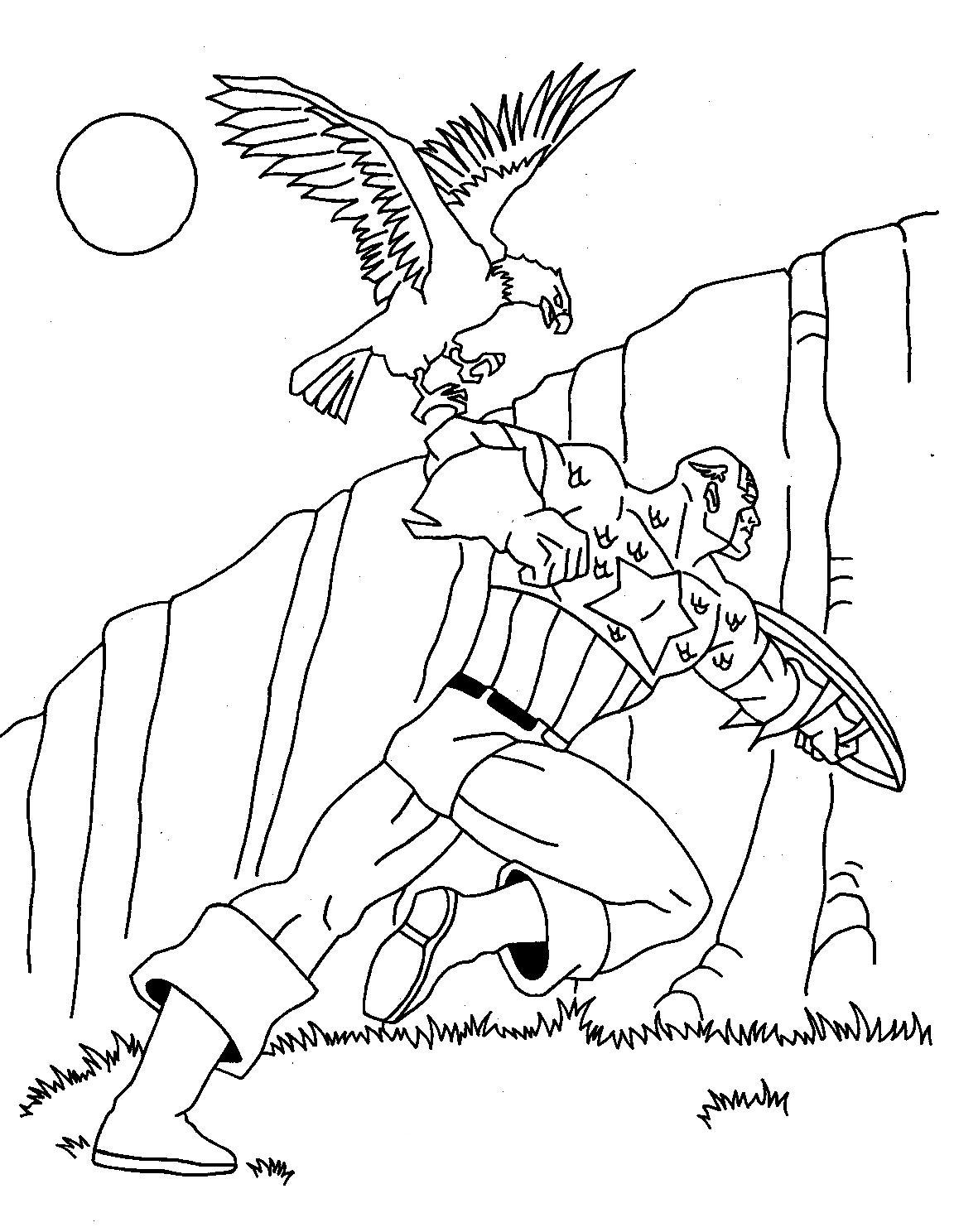 Kolorowanka Kapitan Ameryka wbiega pod górę z orłem na ramieniu