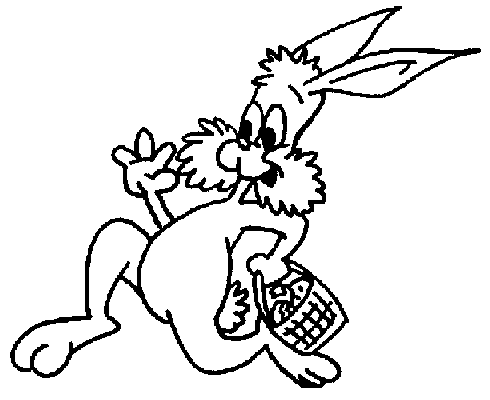 Kolorowanka królik biegnie na dwóch łapach z koszykiem Wielkanocnym