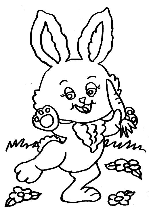 Kolorowanka królik uśmiechnięty stoi na środku łąki i trzyma marchewkę
