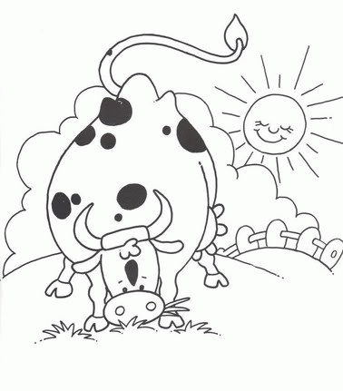 Kolorowanka krowa stoi i je trawę o wschodzie Słońca