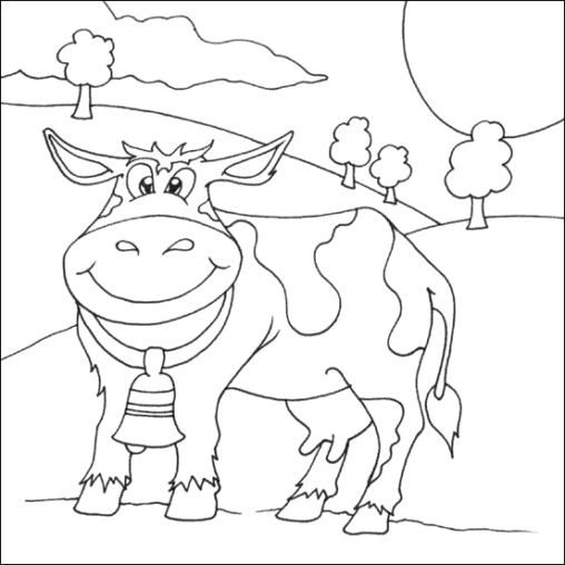 Kolorowanka krowa stoi na polu z dzwonkiem