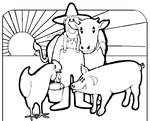 Kolorowanka krowa stoi ze świnią, kurą i rolnikiem na tle zachodzącego Słońca