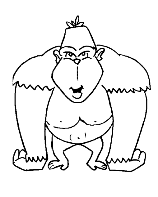 Kolorowanka małpa bardzo umięśniona i szeroka w barkach stoi przodem w koszulce