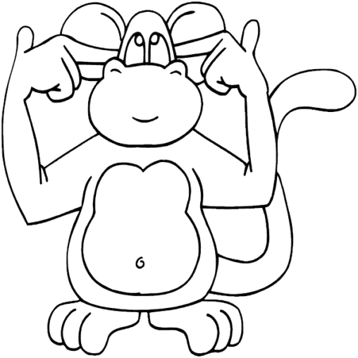 Kolorowanka małpa stoi i zatyka sobie palcami uszy patrząc się do góry