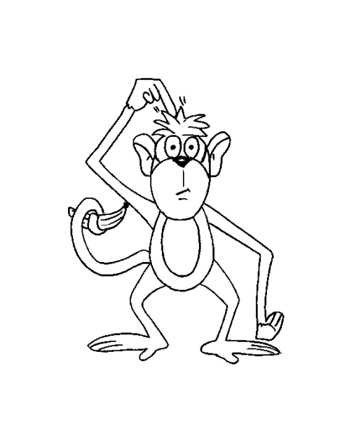 Kolorowanka małpa stoi zakłopotana drapiąc się palcem po głowie i trzymając ogonem banana
