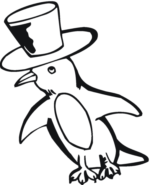 Kolorowanka mały pingwin stoi w cylindrze - kapeluszu