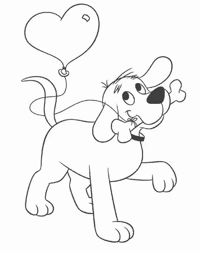 Kolorowanka pies idzie zadowolony z kostką w zębach, do której przywiązany jest balon w kształcie serca