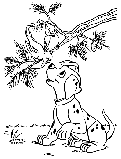 Kolorowanka pies w kropki dotyka nosem dziób ptaka siedzącego na gałęzi obok drugiego ptaka