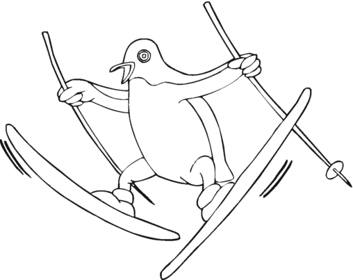 Kolorowanka pingwin skacze przestraszony na nartach