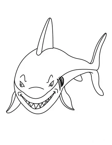Kolorowanka rekin od przodu szczerzy zęby i patrzy się w bok