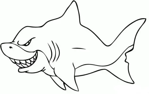 Kolorowanka rekin zły płynie bokiem i się złowrogo uśmiecha