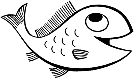 Kolorowanka ryba uśmiechnięta skierowana w prawą stronę z ogonem skierowanym ku górze