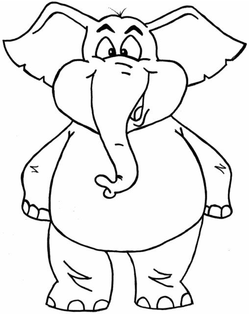 Kolorowanka słoń stoi gruby na dwóch łapach i się uśmiecha
