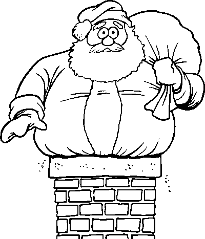 Kolorowanka Święty Mikołaj nie zmieścił się do komina przez gruby brzuch i zdziwiony trzyma prezenty w worku
