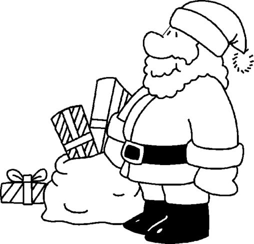 Kolorowanka Święty Mikołaj stoi bokiem z leżącym obok workiem pełnym prezentów