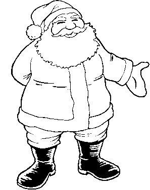 Kolorowanka Święty Mikołaj stoi w czarnych kaloszach pokazując ręką w bok