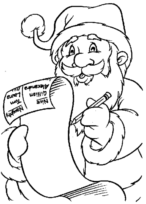 Kolorowanka Święty Mikołaj uzupełnia listę prezentów ołówkiem uśmiechając się